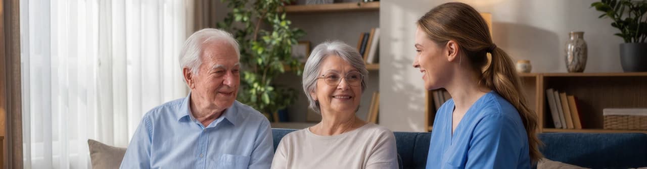 Cuidadora da GrandCare conversando com casal de idosos