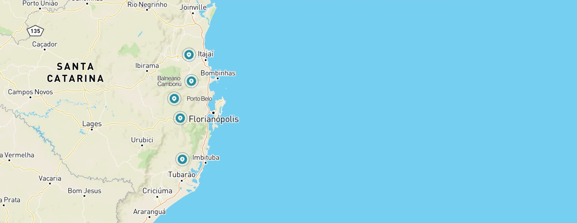 Mapa de Santa Catarina com pins em Itajaí, Balneário Camboriú, Porto Belo, Florianópolis e Imbituba